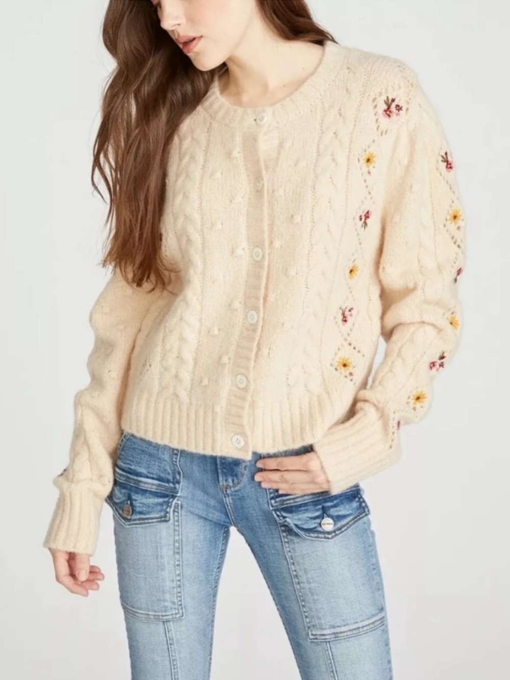 Driftwood Wool Mohair Penny Sweater Cardigan Cream Bliss Embordered Cottagecore - Picture 4 of 14